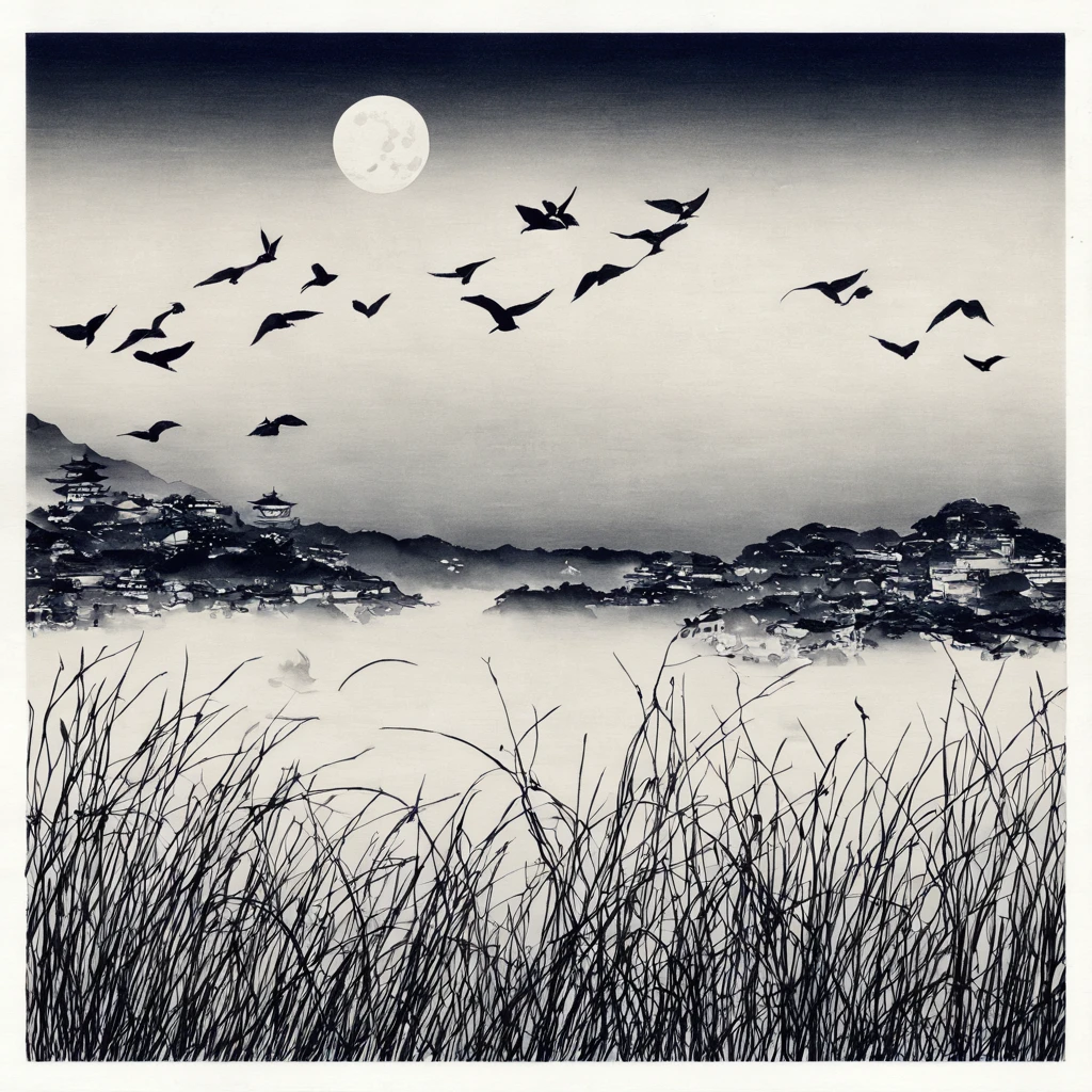 flying birds、moon、Monochrome