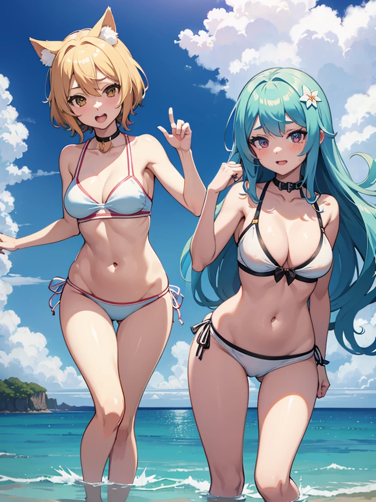 Chica anime en Bikini en la playa con sus orejas de gato levantadas., seductive anime girl, Ahegao, by white deity, wears a bathing suit, oppai, shikami, Attire: Bikini, ecchi, Azure Lane Style, perfect by white girl, anime goddess, by white, , Best Anime Girl, Kantai Collection Style, in Bikini, naked