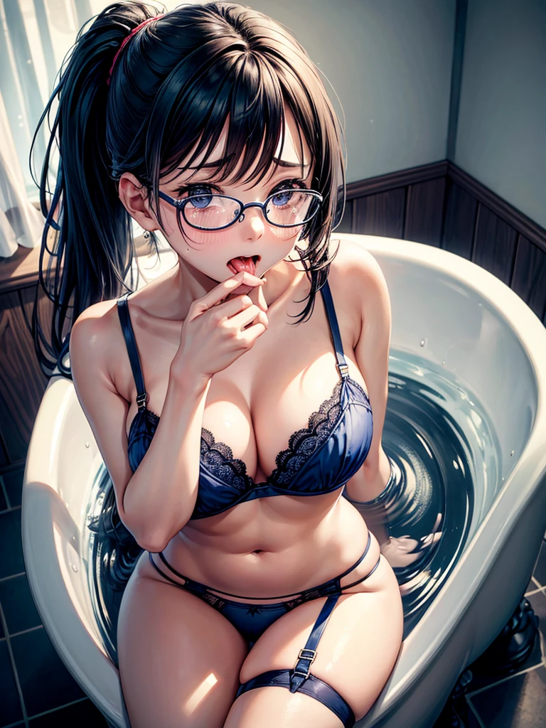 Highest quality,High resolution,1People Girl,beautiful girl,whole body,look up,looking at the camera,Big eyes,Glasses,Crying face,Tears,Stringy saliva,Open your mouth wide,Sticking out tongue,Flush saliva,Overflowing with saliva,ponytail,Black Hair,Big rainbow eyes,Bondage,High Leg,Tears overflow,Dripping a lot of saliva,Drooling,sexy,bathroom,Bathroom,Alluring,Navy blue underwear,Navy blue bra,Navy blue garter belt,Navy blue stockings,Large bathtub,