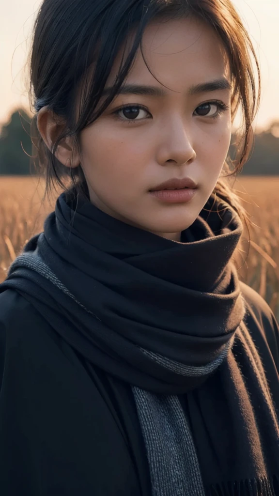 8k, best quality, masterpiece, realistic, ultra detail, photo realistic, Increase quality,
a photo of Khmer girl standing in a field with a scarf, in the style of dark and brooding designer, voluminous mass, photobash, serene faces, jagged edges, navy, natural beauty, close-up shot