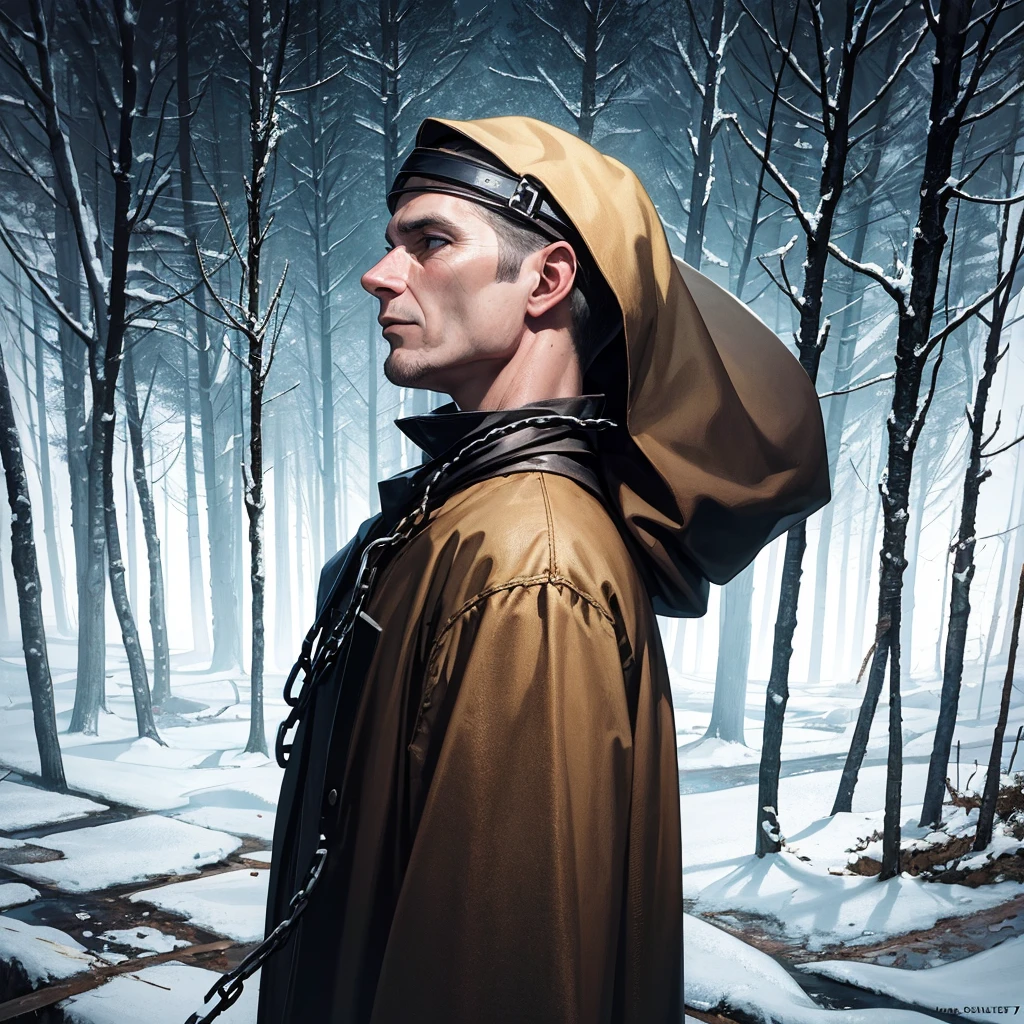 single cover 3000 x 3000 pixels in format .jpg at 70 dpi a condemned man in profile with shackles in the middle of a cold forest