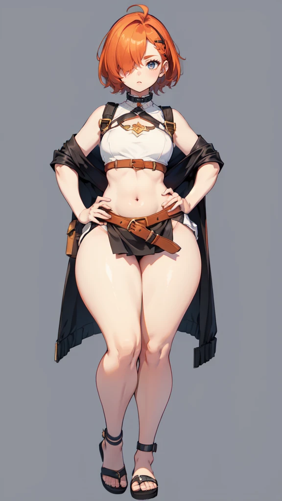 blank background, (((full body))), (masterpiece), ((best quality)), (very short girl), ((flat chest)), hair over one eye, (wide hips:1.4), (thick thighs:1.5), (very short skirt), sandals, belt below navel, fanny packs, ginger hair