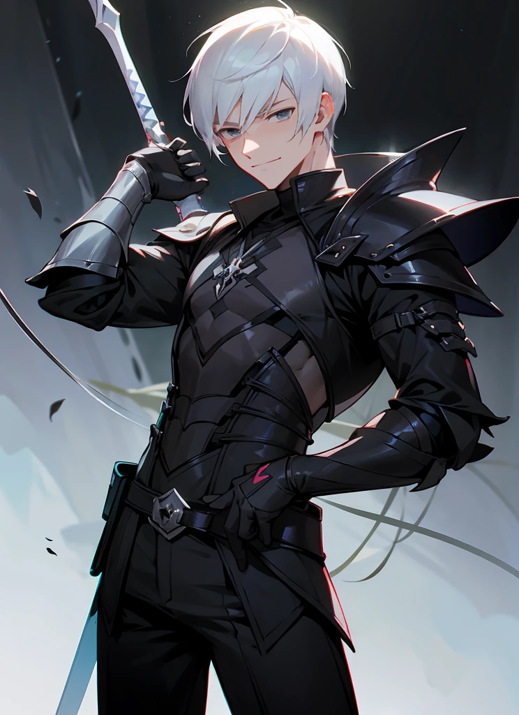 1 , handsome fashion hair,black hair highlight white hair, fanstasy, smile face, male ,fantasy, reaper, hunter with blackshortsword, villian face, short hair black armor , darkness wolrd,