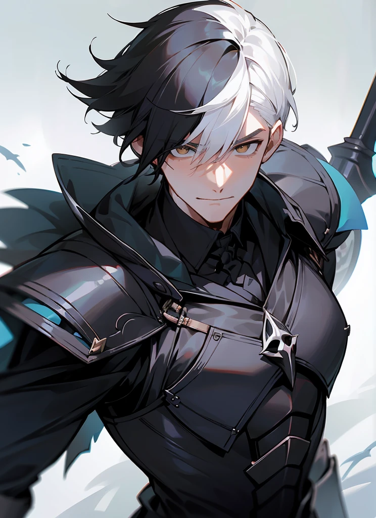 1 , handsome fashion hair,black hair highlight white hair, fanstasy, smile face, male ,fantasy, reaper, hunter with blackshortsword, villian face, short hair black armor , darkness wolrd, 
