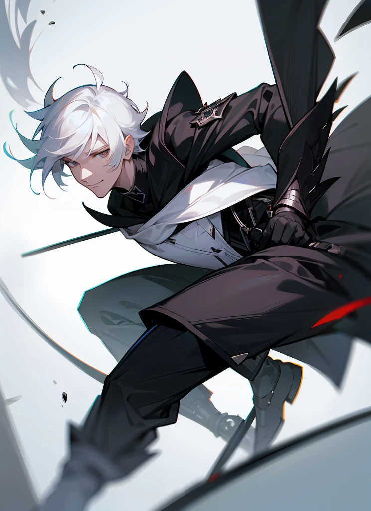 1 , handsome fashion hair,black hair highlight white hair, fanstasy, smile face, male ,fantasy, reaper, hunter with blackshortsword, villian face, short hair black armor , darkness wolrd, 