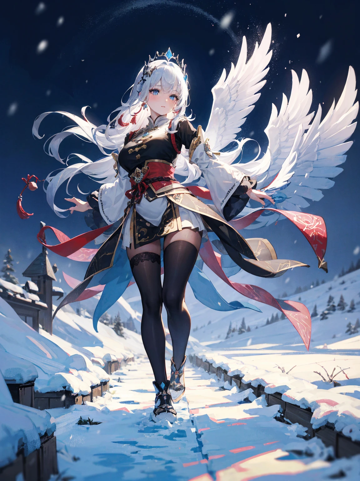 Best texture, high quality, ultra HD, 8K, full body photo, panoramic picture, snow, flying snowflakes, dancing in the snow, girl, full of Miao silver jewelry, Miao clothing, silver phoenix crown, melon seed face, ultra-detailed face, blue eyes, long eyebrows, fair skin, silver long hair, flowing long hair, rising with the wind, snowflake colorful gifts, realistic, very detailed, high detail, ultra-clear,