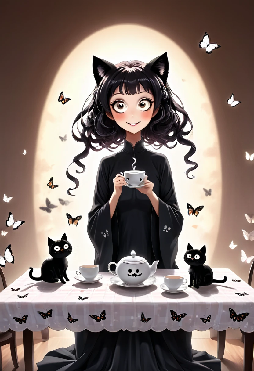 The beautiful Tatsumaki, With her huge eyes she looks amazed and with a big smile while she drinks tea from ceramic cups with ghostly cat shapes while the butterflies flutter around the table and the tablecloth..