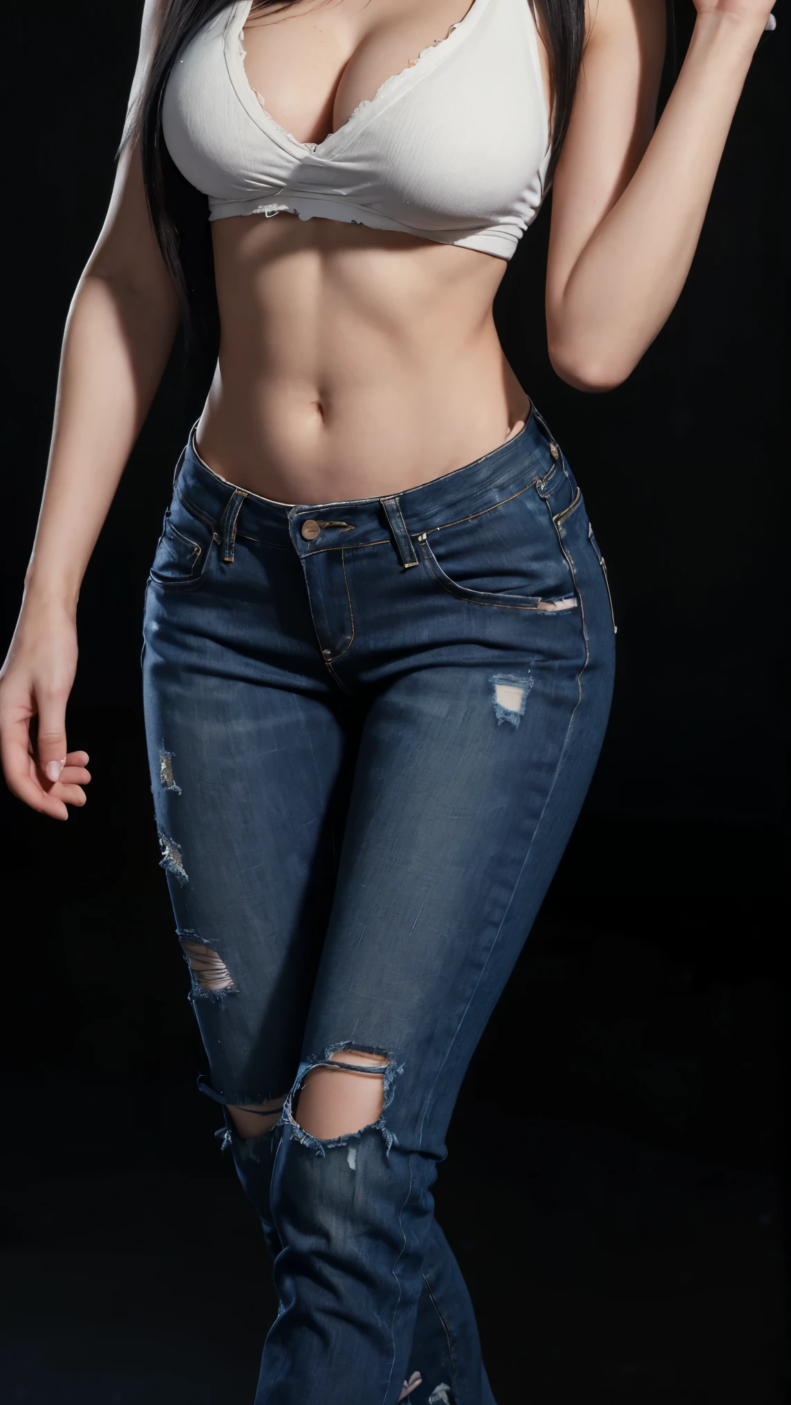 8K, Top Quality, Intricate Details, Ultra Detail, Ultra High Resolution, Masterpiece, close up shot, (full body: 1.1), Slender, Smile, (Makeup: 0.4), ,(( red eyes, black hair, bangs, long hair)), (Fluffy Eyes: 1.21), (()), 1girl, solo, 1 girl, ((Tifa,Tifa・lockhart,Final Fantasy 7,FF7,l)), close up shot, , ((tall)), (((fit body))), (((slim face))), sharp face, ((torn denim)) ,(detailed face), sharp face, small lips, , ,(( )) ,, ,
((, )), , (( )), detailed face, detailed breast, large breast ,huge breast, detail nipples ,, Narrow Waist, Skinny, tall , 190 cm tall, Muscular, Navel, Exposed Abdomen, Pointed Chest,, Beautiful girl with accentuated slender abs: 1.4, Six Pack Abs: 1.4, , Perfect Body, detail legs, (( dark background)), black background,