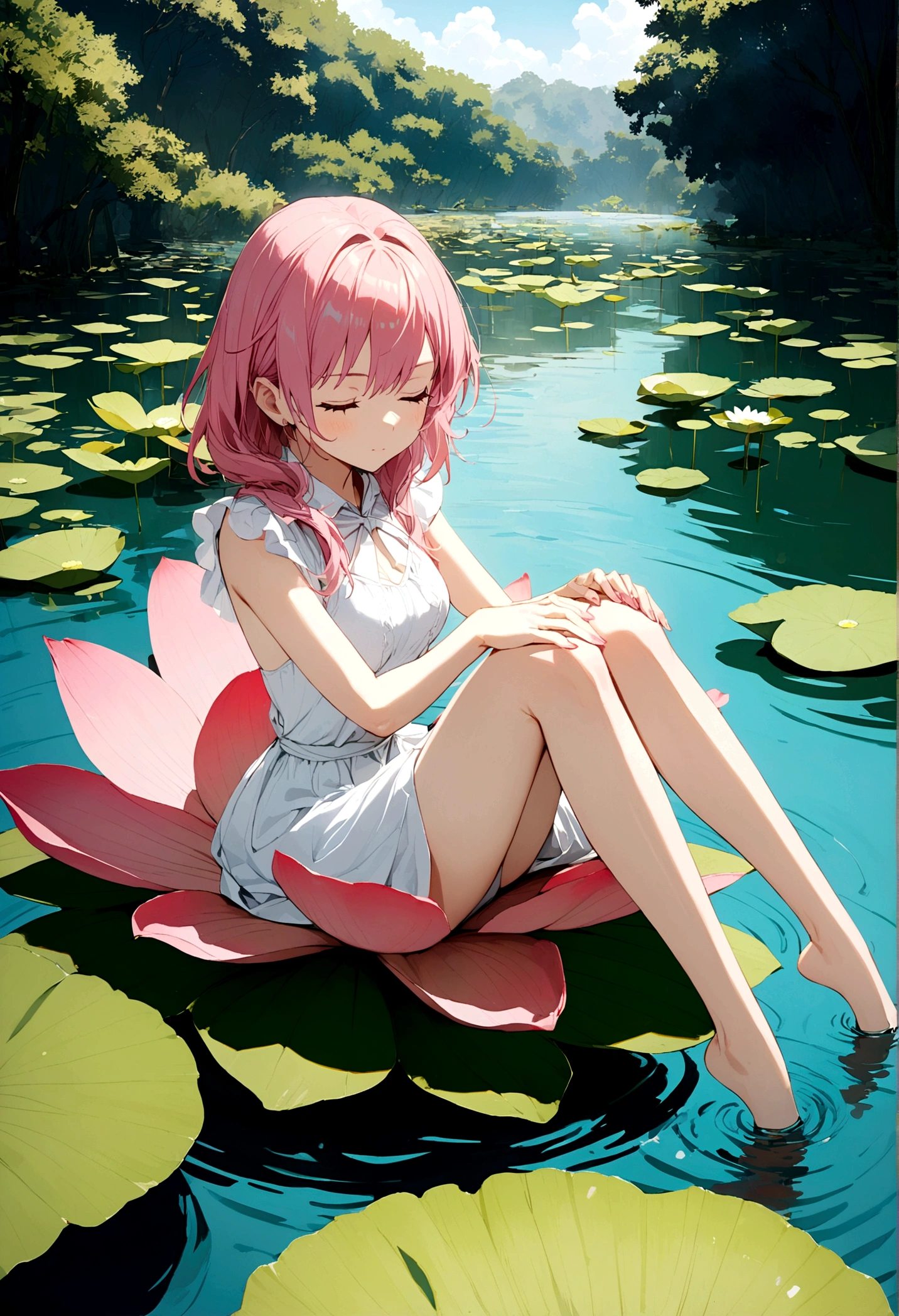 1 anime girl, sitting on lotus flower, eyes closed, hands on his knees, pink hair, It is located in a lagoon