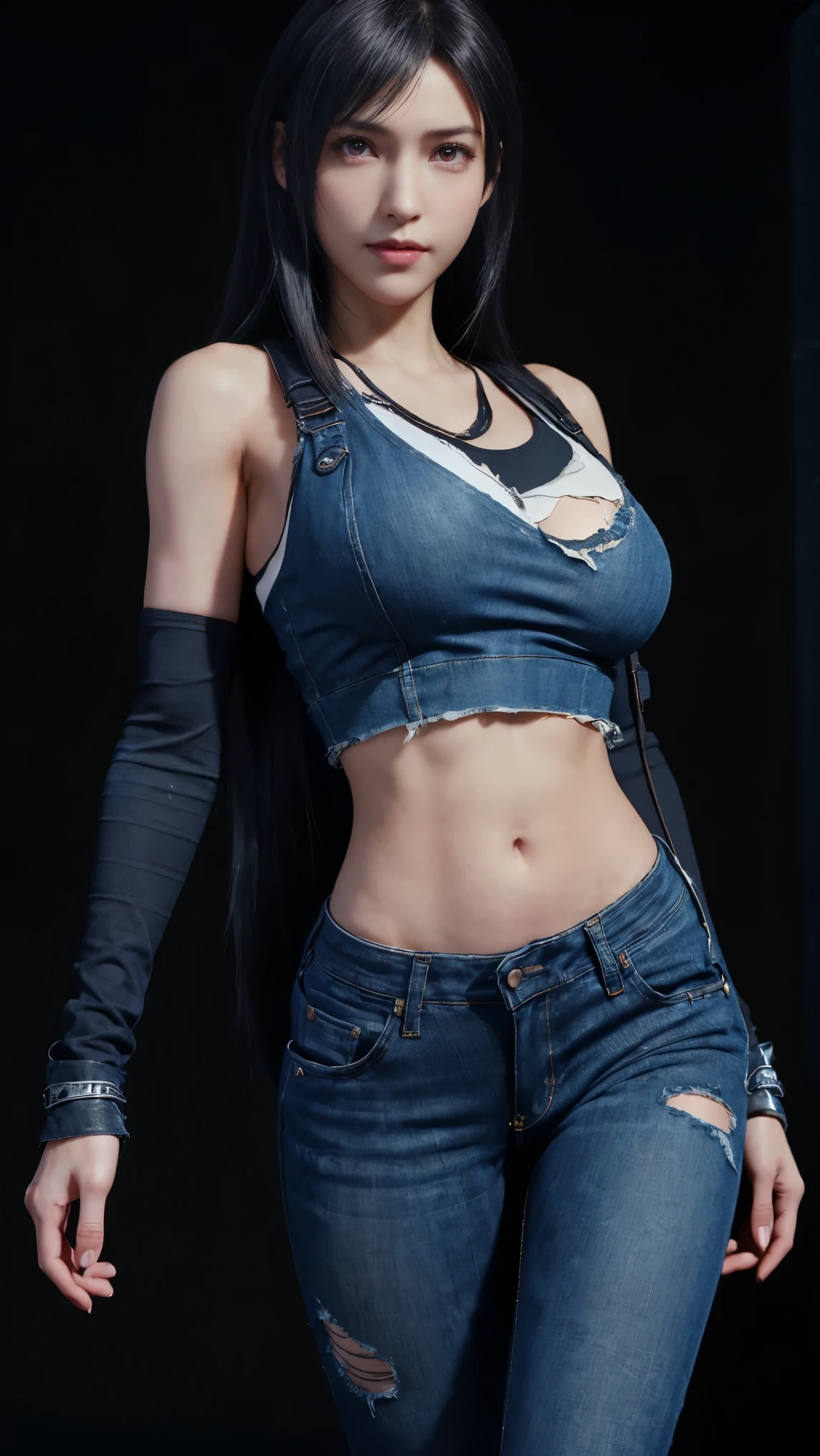 8K, Top Quality, Intricate Details, Ultra Detail, Ultra High Resolution, Masterpiece, close up shot, (full body: 1.1), Slender, Smile, (Makeup: 0.4), (walking), (Fluffy Eyes: 1.21), ((bangs)), 1girl, solo, 1 girl, (((red eyes, black hair, bangs, long hair)), ((Tifa,Tifa・lockhart,Final Fantasy 7,FF7,l)), close up shot, , ((tall)), (((fit body))), (((slim face))), sharp face, ((ripped denim)) , (detailed face), sharp face, small lips, ( walking), walk pose, walking pose,
((, torn denim)), , ((,)), detailed face, detailed breast, large breast, huge breast, (( )), detail ass, Narrow Waist, Skinny, tall , 175 cm tall, Muscular, Navel, Exposed Abdomen, Pointed Chest,, Beautiful girl with accentuated slender abs: 1.4, Six Pack Abs: 1.4,, Perfect Body, detail leg, (( dark background)), black background,