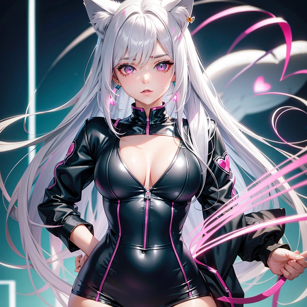 Silver hair, pink eyes, body, cat ears, sexy girl, earrings, heart background, teal uniform