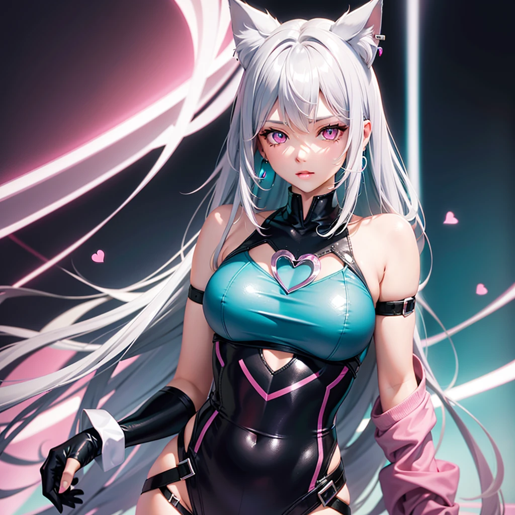 Silver hair, pink eyes, body, cat ears, sexy girl, earrings, heart background, teal uniform