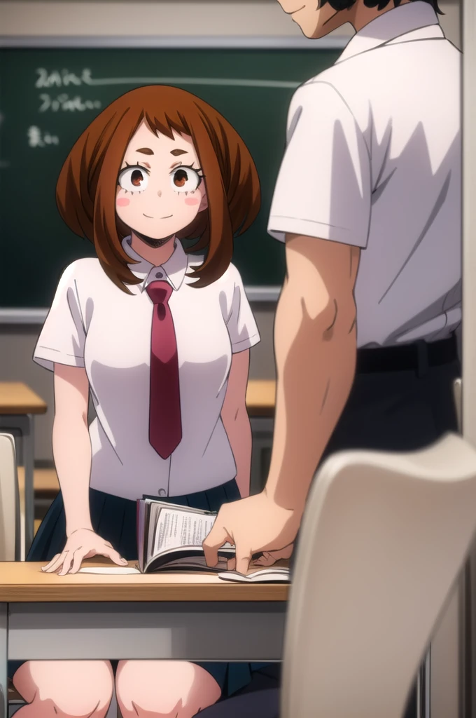 ochakouraraka, ochako uraraka, (uraraka ochako:1.5), (brown eyes:1.5), brown hair, short hair, blush, blush stickers, smile,
BREAK skirt, shirt, school uniform, white shirt, short sleeves, pleated skirt, necktie, collared shirt, red necktie, u.a. school uniform,
BREAK indoors, classroom,
BREAK looking at viewer,
BREAK (masterpiece:1.2), best quality, high resolution, unity 8k wallpaper, (illustration:0.8), (beautiful detailed eyes:1.6), extremely detailed face, perfect lighting, extremely detailed CG, (perfect hands, perfect anatomy),