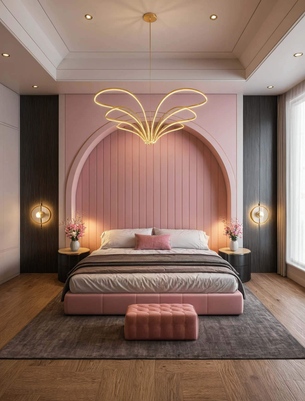 Raw photo,Masterpiece, high quality, best quality, authentic, super detail, interior, ((girl's bedroom)), ( style modern luxury), sunset, day light, bed, carpet, curves, bedside cabinets, wood floor, led, flower vase, butterfly chandelier , windows, downlight, (pink and black tones), wardrobe, glass cabinet doors, gold brace,