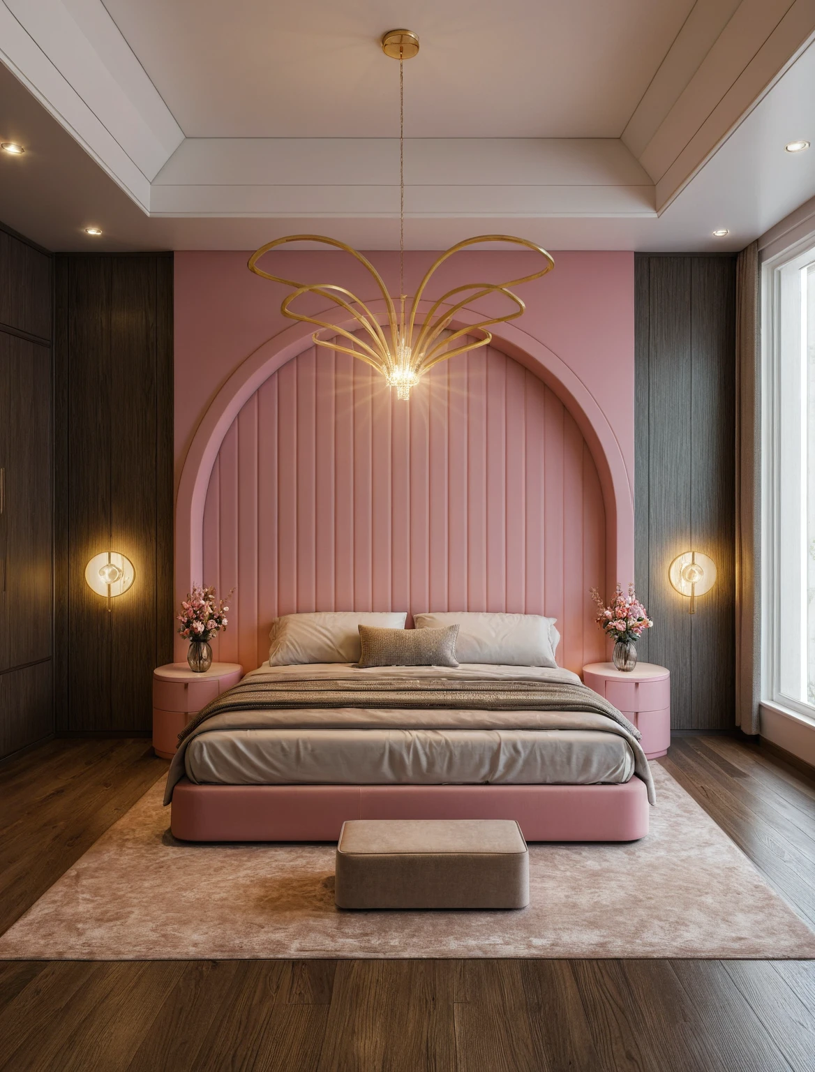 Raw photo,Masterpiece, high quality, best quality, authentic, super detail, interior, ((girl's bedroom)), ( style modern luxury), sunset, day light, bed, carpet, curves, bedside cabinets, wood floor, led, flower vase, butterfly chandelier , windows, downlight, (pink and black tones), wardrobe, glass cabinet doors, gold brace,