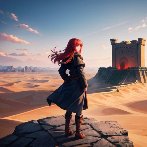 masterpiece, figure, ((Standing in the distant desert、Babel, a huge military fortress made of carved stone)), (Tower of Babel), Pale blue sky, sunlight, fog, Shadow, Dark grass with stones, Uninhabitable, Barren Land, nature, (Mountain々), Unsaturated, (A young girl in a dark blue coat standing in the distance and walking towards a castle), Medium length red hair, Moscow, soviet union, (Flying over the fortress、A dark dragon with glowing red eyes)