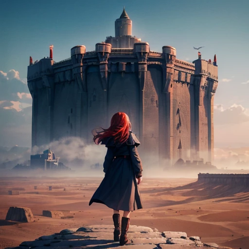 masterpiece, figure, ((Standing in the distant desert、Babel, a huge military fortress made of carved stone)), (Tower of Babel), Pale blue sky, sunlight, fog, Shadow, Dark grass with stones, Uninhabitable, Barren Land, nature, (Mountain々), Unsaturated, (A young girl in a dark blue coat standing in the distance and walking towards a castle), Medium length red hair, Moscow, soviet union, (Flying over the fortress、A dark dragon with glowing red eyes)