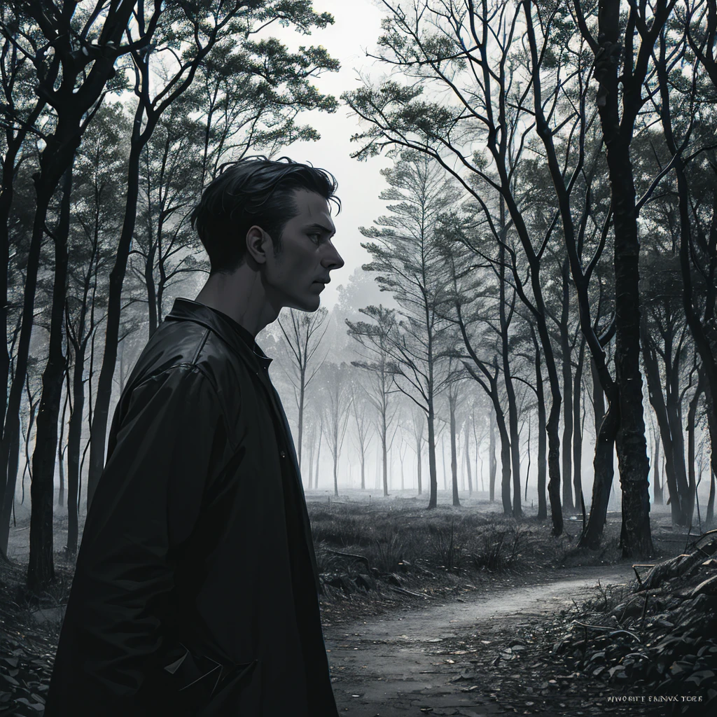 single cover 3000 x 3000 pixels in format .jpg at 70 dpi a condemned man in profile with shackles in the middle of a forest with a gloomy atmosphere