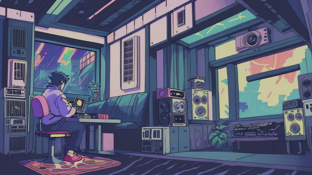 Shot of Naruto sitting near his laptop, font is large (why you), Super detailed, Retro Wave, cyber punk, Sad mood, night light through the window, night vibes, room, 2D, (Long Shot), Wide Shot, (film noise), Old cartoons, (Lots of records:1.3), (masterpiece, Highest quality, Highest quality, Official Art, beautifully、aesthetic: 1.2), (Very detailed, (Fractal Art: 1.4), guitar, (Note: 1.4), ( Lo-fi hip hop), Indoor scenery by the window, Old Anime Texture, alone, speaker, cyber punk, vinyl, night,jazz,speaker、rock,sax,tobacco、Cafe、rain