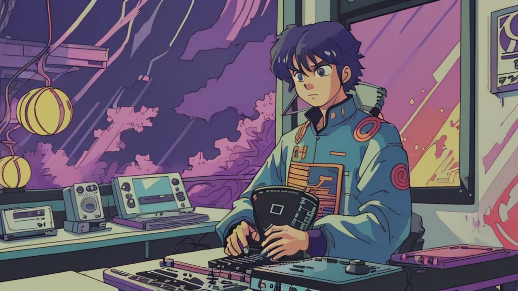 Shot of Naruto sitting near his laptop, font is large (why you), Super detailed, Retro Wave, cyber punk, Sad mood, night light through the window, night vibes, room, 2D, (Long Shot), Wide Shot, (film noise), Old cartoons, (Lots of records:1.3), (masterpiece, Highest quality, Highest quality, Official Art, beautifully、aesthetic: 1.2), (Very detailed, (Fractal Art: 1.4), guitar, (Note: 1.4), ( Lo-fi hip hop), Indoor scenery by the window, Old Anime Texture, alone, speaker, cyber punk, vinyl, night,jazz,speaker、rock,sax,tobacco、Cafe、rain
