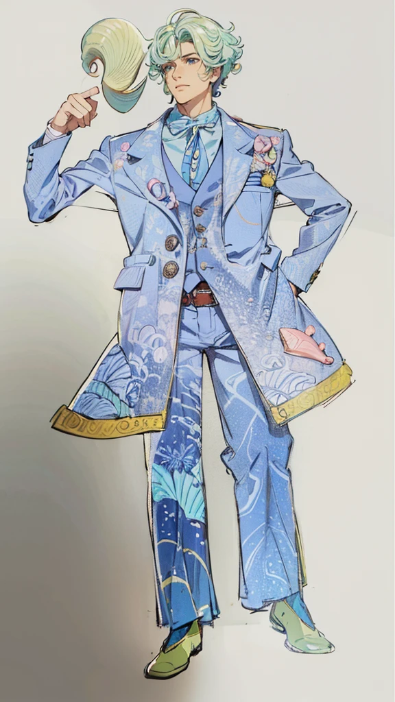 Handsome cute boy suit Pink button shell A jacket with a design inspired by the ocean floor Seashell Belt marine motif Curly hair short hair Wave-inspired trousers whole body Fantasy