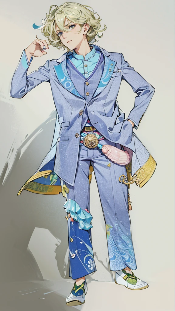 Handsome cute boy suit Pink button shell A jacket with a design inspired by the ocean floor Seashell Belt marine motif Curly hair short hair Wave-inspired trousers whole body Fantasy