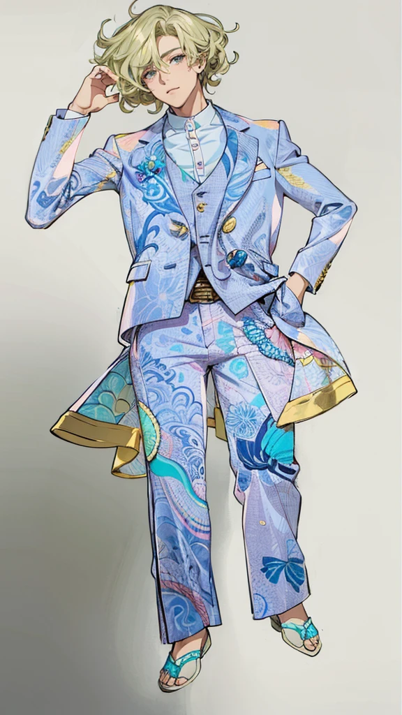 Handsome　cute boy　suit　Pink button shell　A jacket with a design inspired by the ocean floor　Seashell Belt　marine motif　Curly hair　　short hair　Wave-inspired trousers　whole body　Fantasy