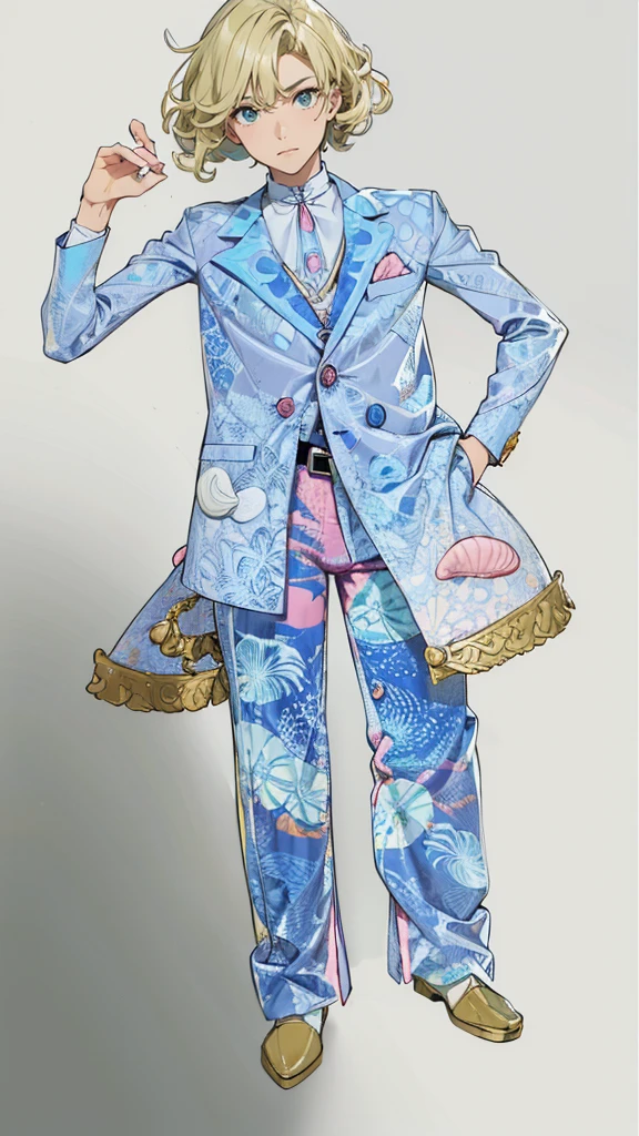 Handsome　cute boy　suit　Pink button shell　A jacket with a design inspired by the ocean floor　Seashell Belt　marine motif　Curly hair　　short hair　Wave-inspired trousers　whole body　Fantasy