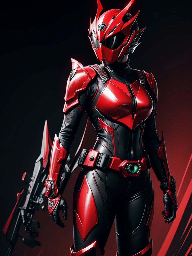 1 female. Kamen rider. Dragon styled kamen rider. Red and black female kamen rider suit. Dragon styled full face kamen rider helmet. No face exposed. No hair exposed. Kamen rider belt. Standing pose. Red light background.