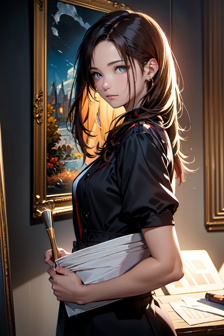 In front of the guillotine、(Best Quality, 8k, Oil painting, Mastepiece:1.2), Super detailed, (Realism, It's photorealistic:1.37), (((Bust Shot)))、、((Creeper Weapons))、((Cat ears, Sleeveless,Wearing a wine red baseball cap and uniform、Red jacket、Cat ears:1.2)), Blonde Hair, Short ponytail, (Blonde Hair, Short Hair, Bangs), Pale blue eyes,Closed Mouth、Hoop Earrings, Jewelry,、(((Upper Body Shot)))、