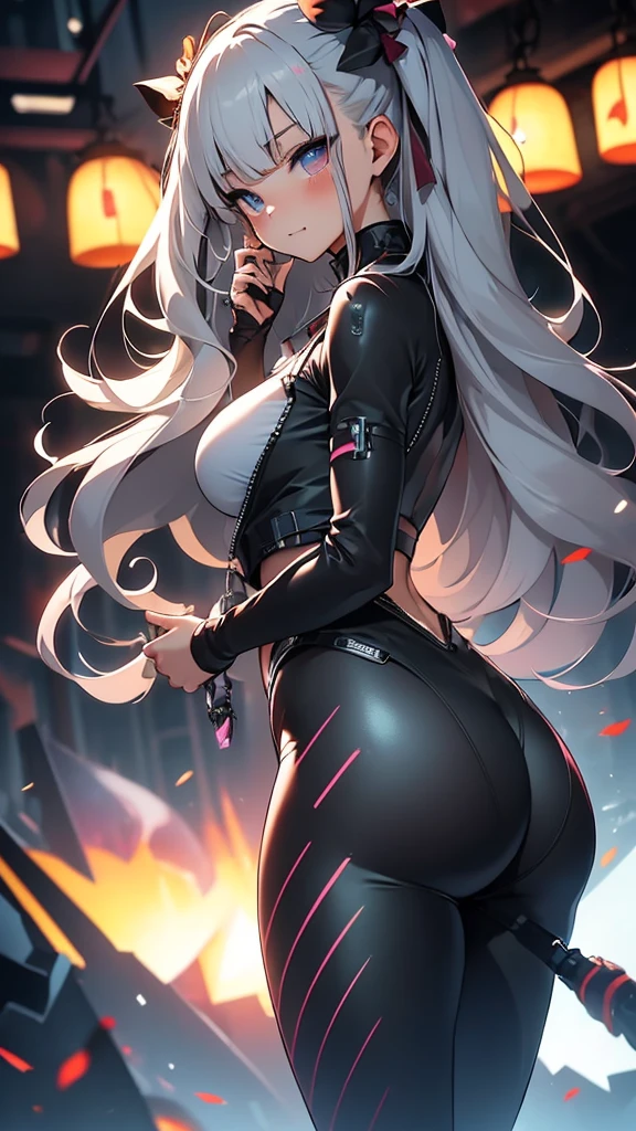 realisticlying、18 year old girl、、Sideways view、Portrait close up、Sideways view、Wearing a full-body giraffe print bodysuit with a giraffe tail on the buttocks、Long wavy black hair、The face smiled、Theater stage、sexly?