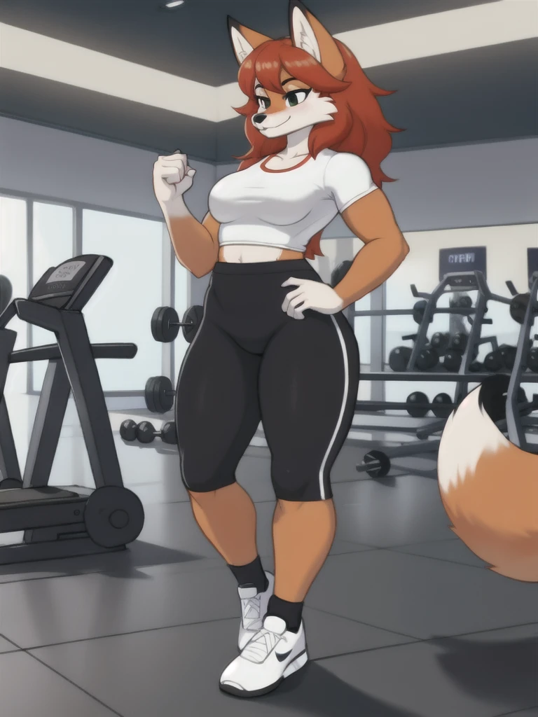 Furry, fox, female, white shirt, black leggings, shoes, gym, , full body