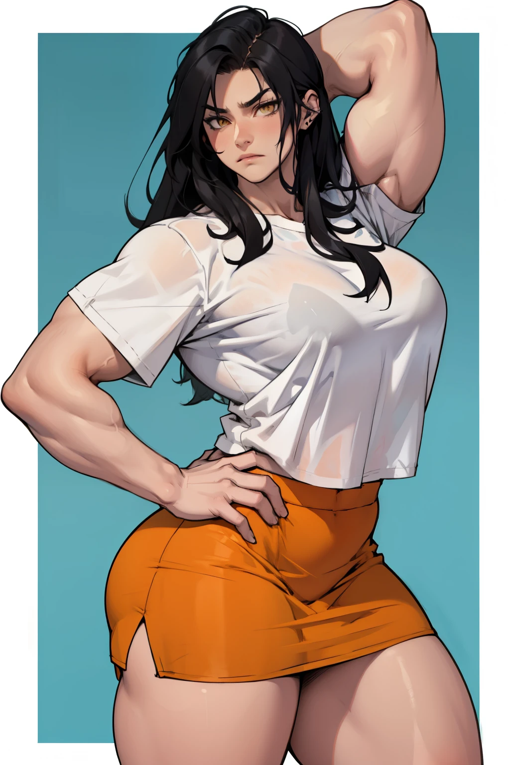 huge muscles huge breasts huge thighs pale skin black hair yellow eyes very long hair muscular girl sad expressionless plated skirt over-sized shirt