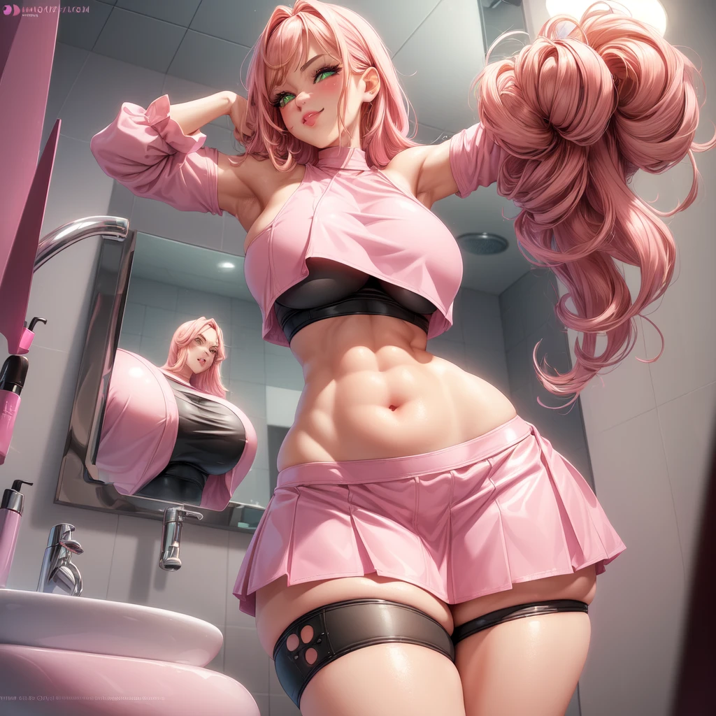 ((1 girls), solo, Big round breasts, trendy, stylish, clevage, thighs, hips, realistic, pink hair, blonde hair, light green eyes, lip gloss, detailed face, amazing big eyes, eye details, big lips, eyebrow details, pink mini skirt, crop top blush, confident, dominant, bdsm, smirk, naughty, mischevious face, HD, good quality, curvy, standing up, thick thighs, attractive, amazing body, perfect body, slim thick, indoors, pink and white outfit, bathroom sink