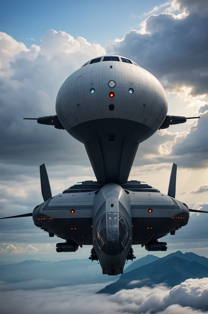 Create a futuristic airship inspired by the Avengers movie warship, flying high above the clouds with sleek, advanced technology, large propellers, and a majestic, imposing design, masterpiece , complete image of warship