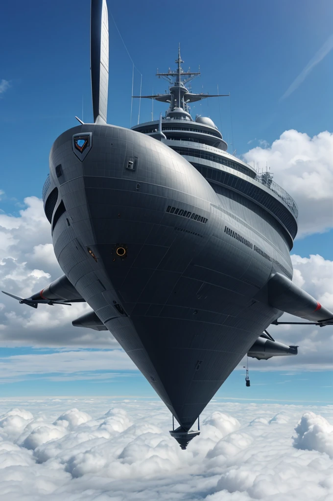 Create a futuristic airship inspired by the Avengers movie warship, flying high above the clouds with sleek, advanced technology, large propellers, and a majestic, imposing design, masterpiece , complete image of warship