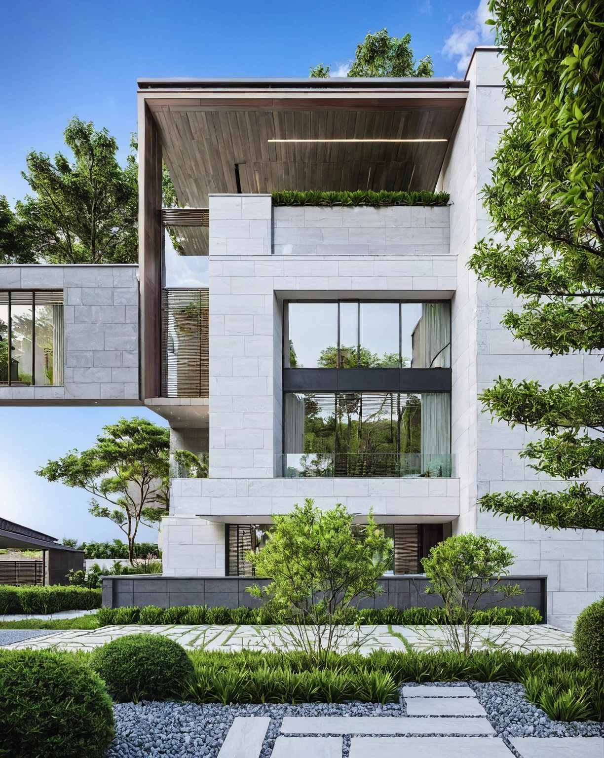 qlcd,tingyuan, photo of modern villa, grassland, garden, shrubs and trees, rock decoration, clear sky, sun light, realistic photo