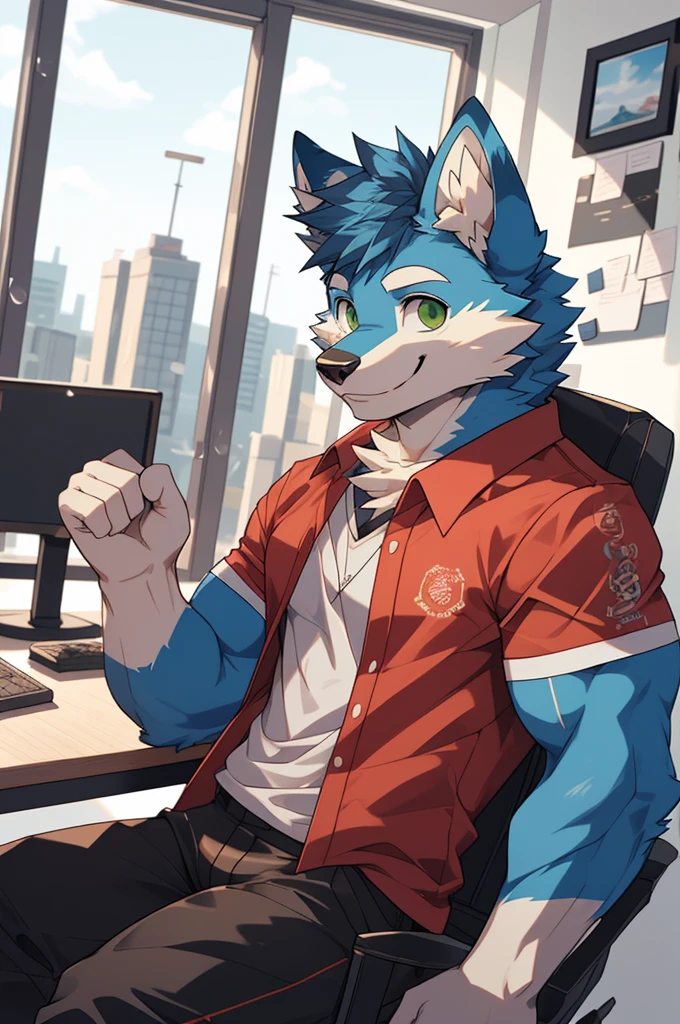 (high definition, Dynamic HDR, 4K, Full HD), furry, 18 years old, relax, wolf, Big one, blue fur, green_eyes, Random clothes, A smile on his face., office room, upper body, cute, handsome, muscle, warm, Be confident