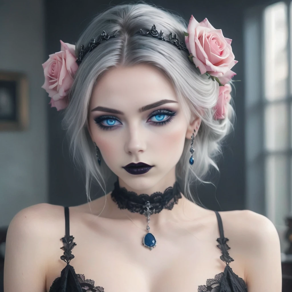 A stunning gothic woman with pale skin and intense blue eyes, framed by dramatic black eye makeup and dark lipstick. Her hair is styled in an elegant updo, adorned with pink roses and intricate silver headpieces. She wears a black lace choker and matching earrings, both decorated with blue gemstones. The background is a gradient of deep blue, enhancing the mystical and enchanting atmosphere. The overall style is dark, yet elegant, combining gothic and fantasy elements with a touch of romanticism. Hyper realistic photo, 16k, vibrant colors