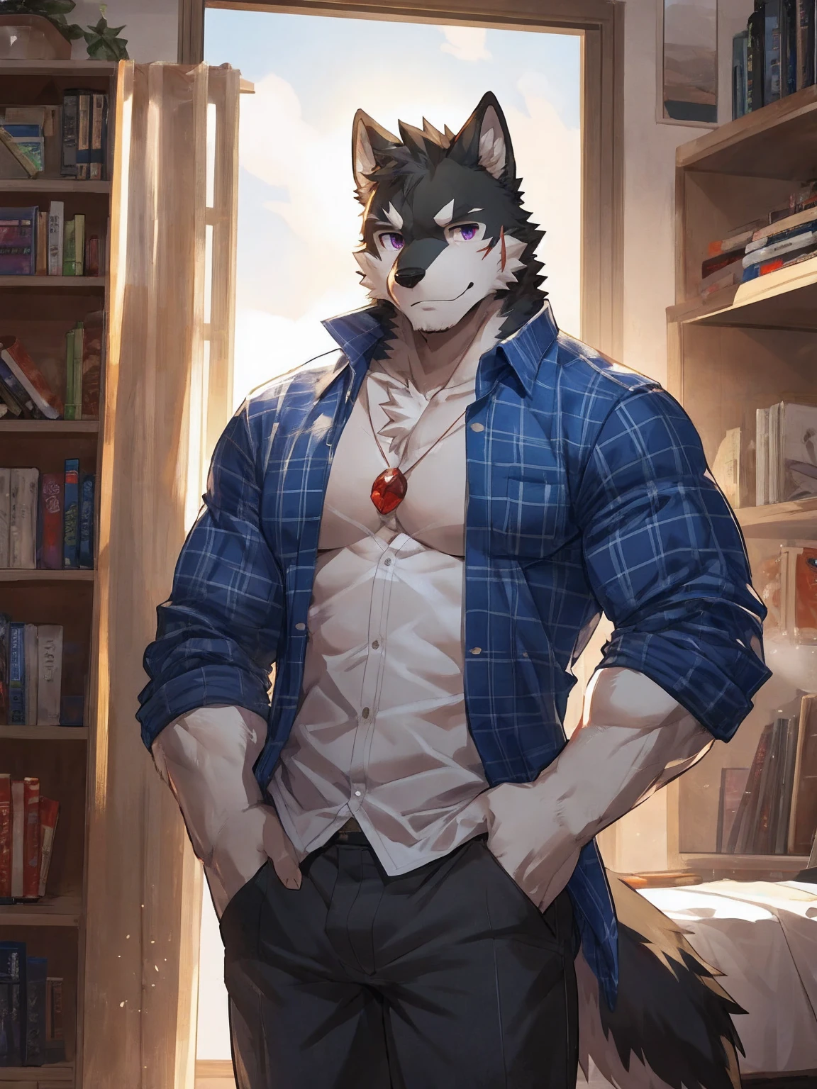 embedding:black wolf, male,purple eyes,Scar on the face, scar on the body,Single person，The fur on the chest and abdomen is white.Inside the apartment,Elder brother.Modern apartment, clean and tidy.casual Shirt，Casual pants,Formal, everyday,A mild expression,Maturity,The highest quality of scene detail,adult,Tall and powerful,muscle，Best quality hands, best quality eye，detailed fur，Delicate eyes.Extreme picture quality，by sollyz,by zixiong,by milkytiger1145