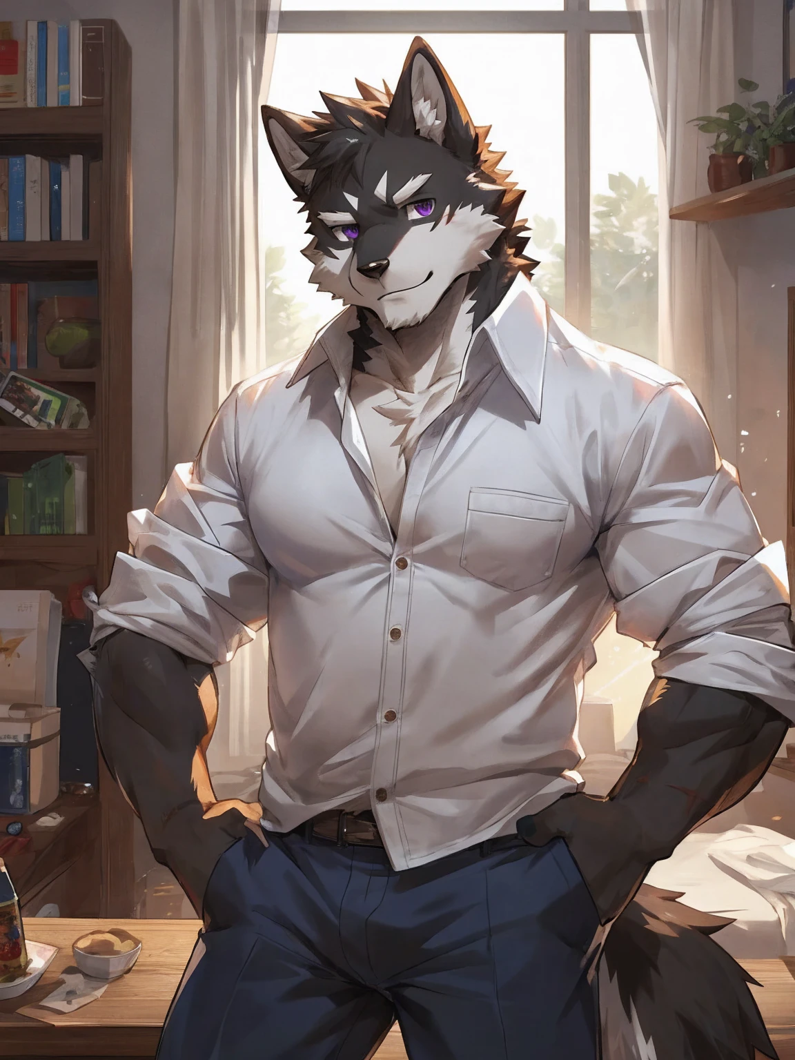 embedding:black wolf, male,purple eyes,Scar on the face, scar on the body,Single person，The fur on the chest and abdomen is white.Inside the apartment,Elder brother.Modern apartment, clean and tidy.casual Shirt，Casual pants,Formal, everyday,A mild expression,Maturity,The highest quality of scene detail,adult,Tall and powerful,muscle，Best quality hands, best quality eye，detailed fur，Delicate eyes.Extreme picture quality，by sollyz,by zixiong,by milkytiger1145