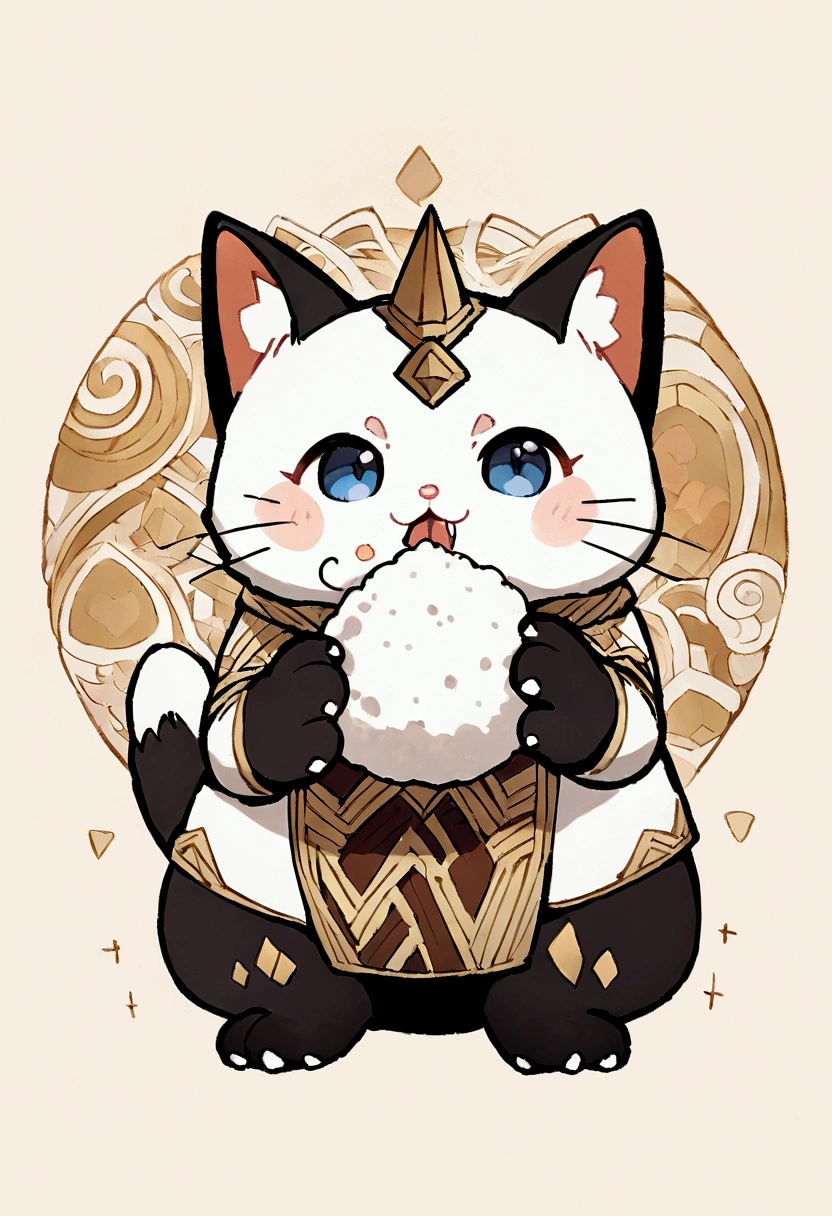 Highest quality, masterpiece, Ultra-high resolution, Very cute cat,Holding rice ball with front paws, Biting into rice ball,Triangular rice balls,Handwritten style,White Cat