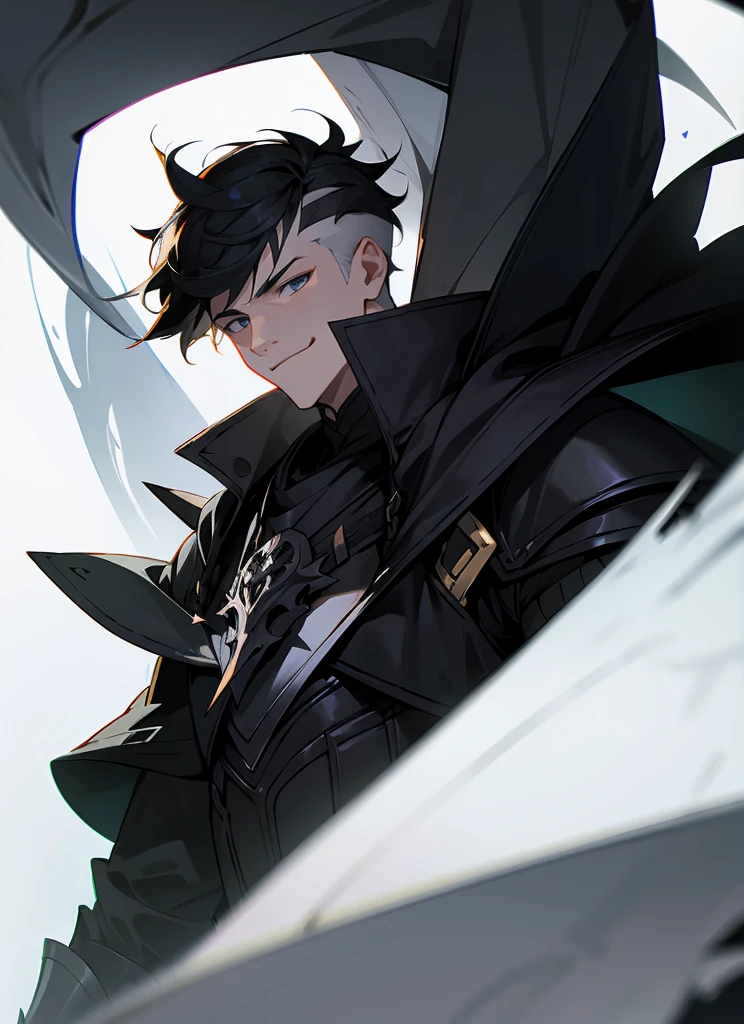 1 , handsome fashion hair,black hair highlight white hair, fanstasy, smile face, male ,fantasy, reaper, hunter with blackshortsword, villian face, short hair black armor , darkness wolrd,