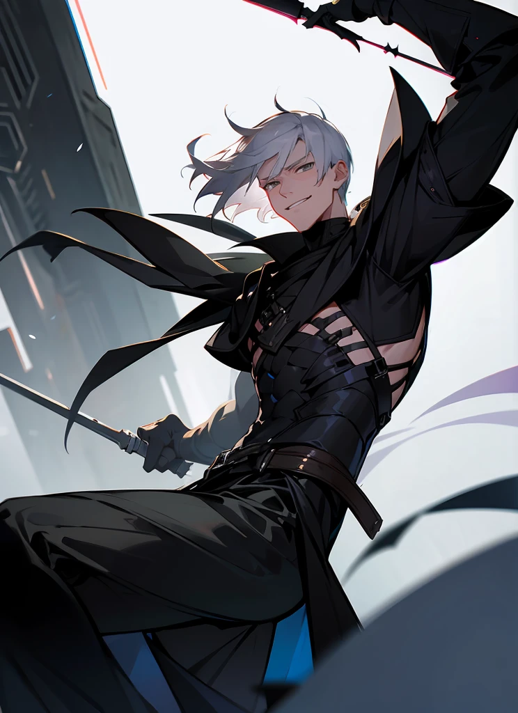 1 , handsome fashion hair,black hair highlight white hair, fanstasy, smile face, male ,fantasy, reaper, hunter with blackshortsword, villian face, short hair black armor , darkness wolrd, 