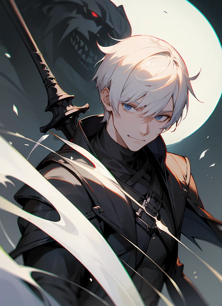 1 , handsome fashion hair,black hair highlight white hair, fanstasy, smile face, male ,fantasy, reaper, hunter with blackshortsword, villian face, short hair black armor , darkness wolrd, 