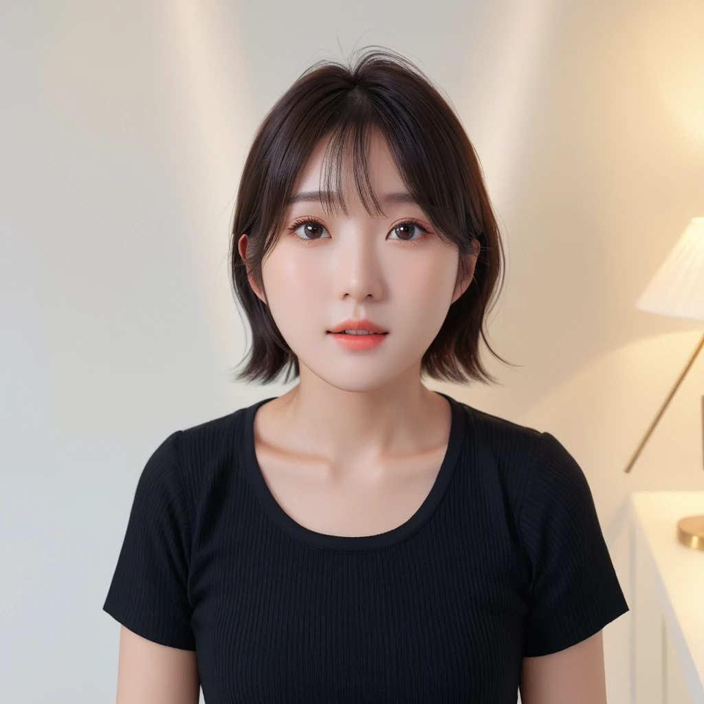 Best Quality, 8k, Masterpiece, (Portrait: 1.3), (photo realistic:1.4), (hyper realistic:1.4), Sharp Focus, looking at viewer, (smoother lighting:1.1), (increase cinematic lighting quality:0.9), realistic lighting, backlighting, light on face, ray trace, (brightening light:1.2), (Increase quality:1.4), sharp detail, (best quality real texture skin:1.4), finely detailed eyes, black_eyes, finely detailed face, 25 year old Korean woman, (black formal_shirt:1.4), (Create an image maintaining the original base model hairstyle:1.5)