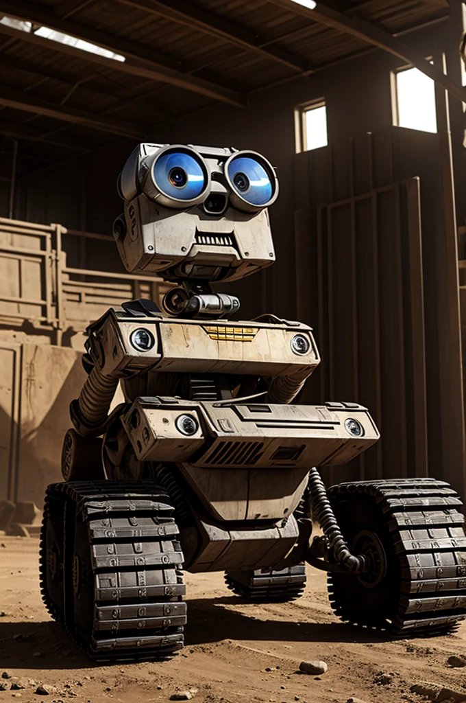 Wall-e type robot with a skeleton with long hair and glasses 