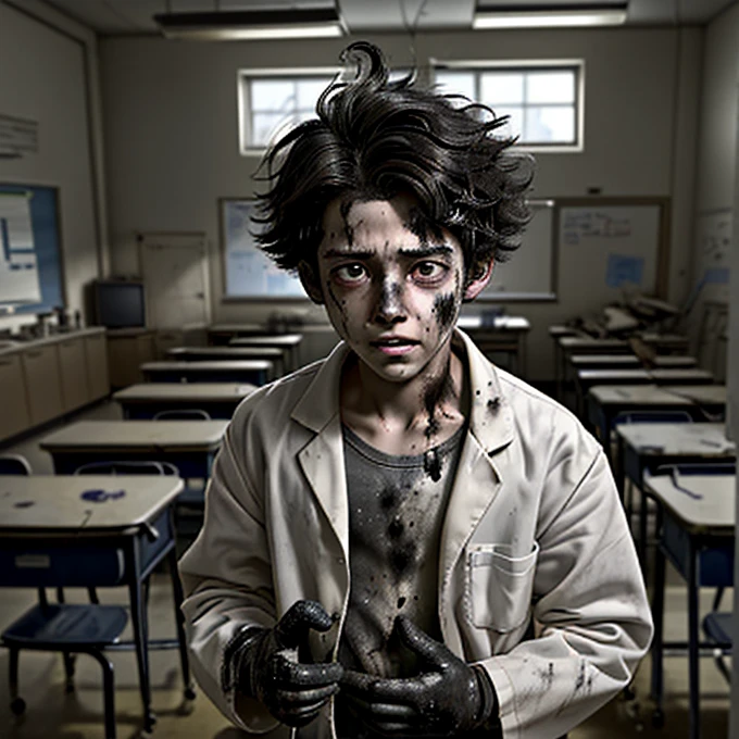 A boy scientist in a classroom fails during an experiment and is caught in an explosion, leaving him completely battered and covered in soot.