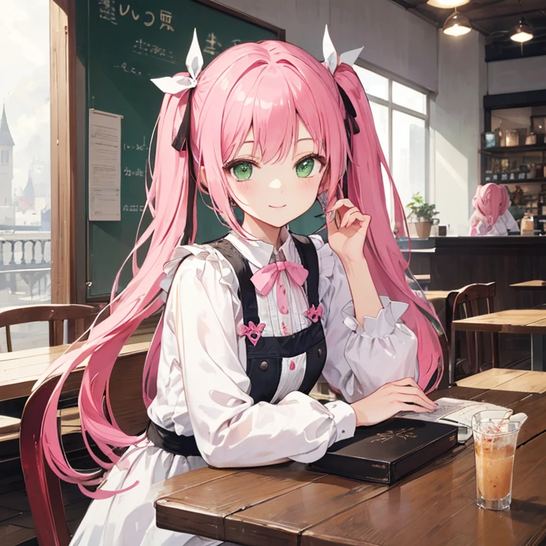 With a girl,Jewel Eyes,Beautiful arrangements and motifs、Few、Game character design、Written boundary depth , wonderful, beauty、Transparency、Game character design、(One Girl:1.0)、Pink Hair、Twin tails、Straight hair、cute、Upper Body、Green Eyes、Inside the cafe、Cafe Background、Sit on a chair、Mass-produced fashion,White and pink attire、front、smile、Pink Ribbon
