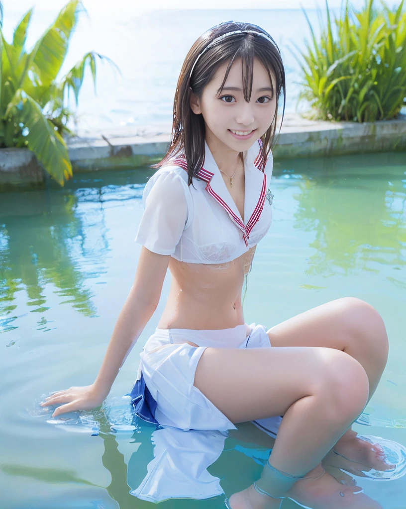 (NFSW)、(High resolution:1.5)、Highest quality,Very detailed,masterpiece,Super detailed,alone,(One 12 year old girl),((Summer School Uniforms:1.5)), Seraphim, ((skirt:1.5)), smile, Thigh fetish images: 1.5、(((barefoot)))、(Her thighs and white bikini reflected in the clear blue water)、(reflected in water:1.5)、((I can see her white panties:1.5))、(Cleavage)、((Clear blue seawater))、Summer sun、はしゃいだsmile、Beautiful Eyes、(pull-out-panties)、(Panties on knees)、Big necklace and tiara、The water is marine blue、(((Glossy thighs)))